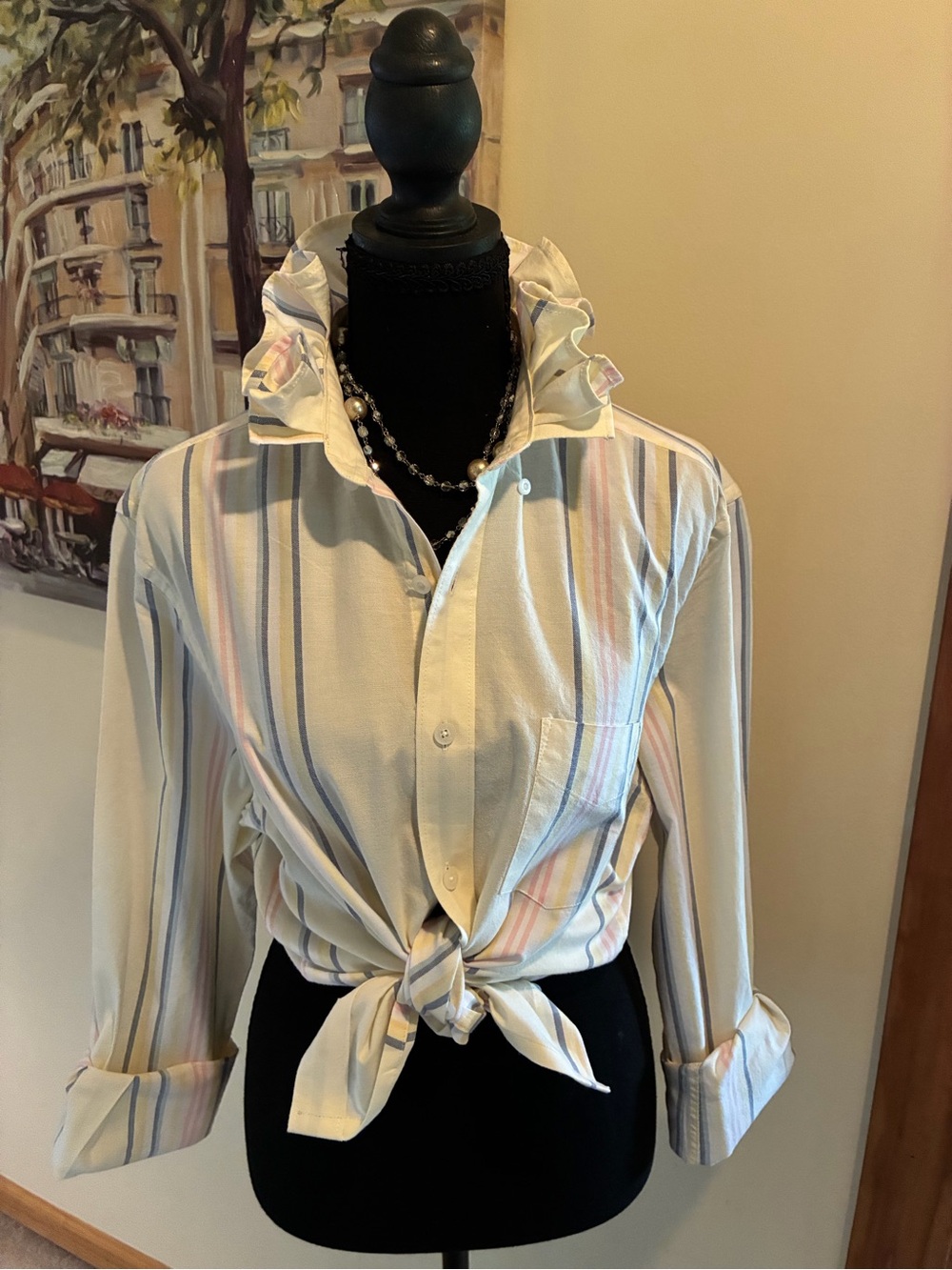 Women's Cream Striped Button-Up Ruffle collar